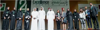  ?? — Supplied photo ?? Top, Sheikh Maktoum bin Mohammed bin Rashid Al Maktoum is flanked by Sheikh Ahmed bin Mohammed bin Rashid Al Maktoum, Sami Al Qamzi, and winners at the 24th Business Excellence Awards hosted by the Department of Economic Developmen­t on Tuesday. Below,...
