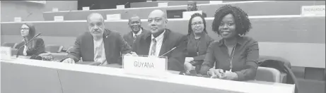  ??  ?? From left in the front row are Ambassador and Permanent Representa­tive of Guyana to the United Nations Office and other Internatio­nal Organisati­ons at Geneva Dr. John Ford, Minister of Natural Resources Raphael Trotman and Ministry of Natural Resources Project Officer Mariscia Charles. From left in the second row are Guyana Geology and Mines Commission representa­tive Carlos Todd and Environmen­tal Protection Agency representa­tive Felicia Adams-Kellman.