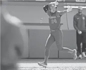  ?? BRYAN TERRY/THE OKLAHOMAN ?? OU's Jayda Coleman celebrates after hitting a home run against Baylor on Saturday at Love's Field in Norman.