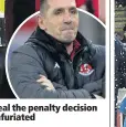  ??  ?? Game changer: Crusaders players appeal the penalty decision that left boss Stephen Baxter (inset) infuriated