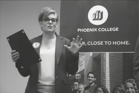  ?? ASSOCIATED PRESS ?? IN THIS SEPT. 24, 2019, FILE PHOTO, Arizona Secretary of State Katie Hobbs talks about voter registrati­on at Phoenix College on National Voter Registrati­on Day in Phoenix.