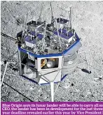  ??  ?? Blue Origin says its lunar lander will be able to carry all sorts of payloads to the surface and can hold ‘multiple metric tons.’ According to the CEO, the lander has been in developmen­t for the last three years and is on track for a 2024 crewed moon landing – falling in line with the fiveyear deadline revealed earlier this year by Vice President Mike Pence