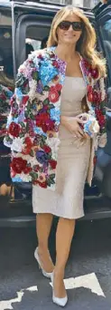  ??  ?? Donning Dolce &amp; Gabbana: Melania in the $51,500 floral jacket (left) and a sexy o -the-shoulder LBD at a G7 dinner