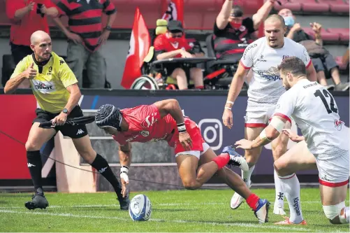  ??  ?? Touching down:
Toulouse winger Cheslin Kolbe scores a try against Ulster during last season’s European quarter-final