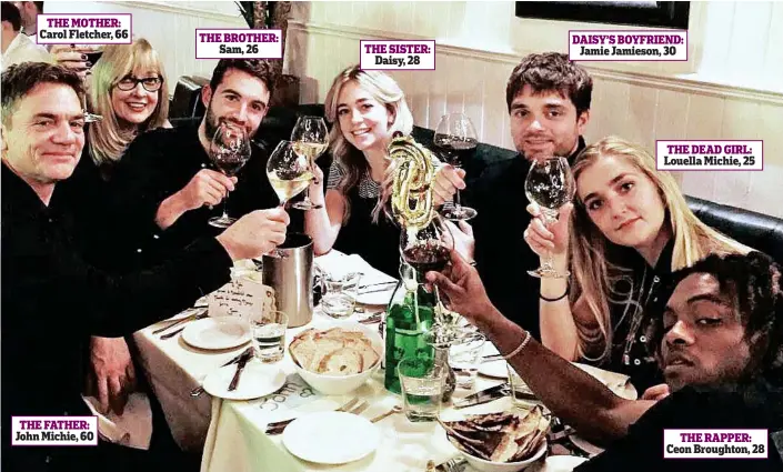  ??  ?? THE MOTHER: Carol Fletcher, 66 THE BROTHER: Sam, 26 THE SISTER: Daisy, 28 DAISY’S BOYFRIEND: Jamie Jamieson, 30 THE DEAD GIRL: Louella Michie, 25 Celebratio­n: Ceon Broughton joins the family of his girlfriend Louella Michie for a meal at a restaurant last October to mark her father John’s 60th birthday THE FATHER: John Michie, 60 THE RAPPER: Ceon Broughton, 28