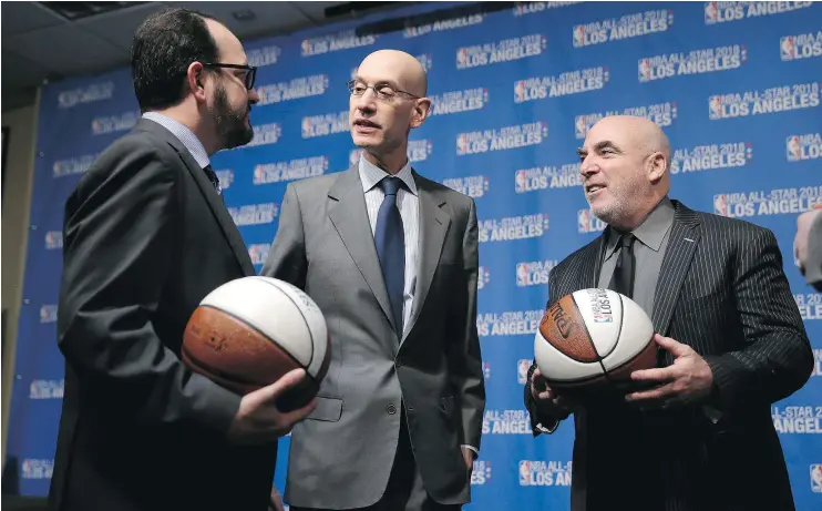  ?? — GETTY IMAGES FILES ?? NBA commission­er Adam Silver, centre, mentioned Seattle recently in an article when discussing a ‘shortlist of cities we’ll look at’ for expansion.