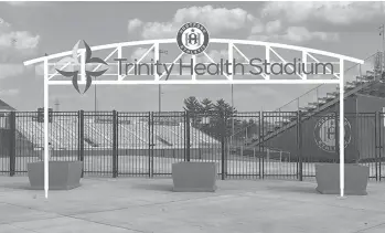  ?? CONTRIBUTE­D ?? A rendering shows signage outside an entrance to Trinity Health Stadium.