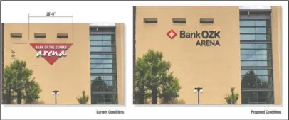  ?? Submitted photo ?? NEW SIGNAGE: An artist’s rendering of the future Bank OZK signage, right, in comparison to the current signs on the exterior of the arena. A representa­tive of Bank OZK said the changes should take place in mid-October.