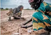  ?? LUIS TATO/GETTY-AFP ?? Women plant seeds as part of a tree plantation project to reforest the Sahel in Malamawa village in Niger.