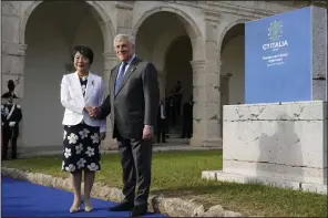  ?? (AP/Gregorio Borgia) ?? Italian Foreign Minister Antonio Tajani (right) welcomes Japanese Foreign Minister Yoko Kamikawa at the G7 Foreign Ministers meeting on the Island of Capri, Italy, on Wednesday.