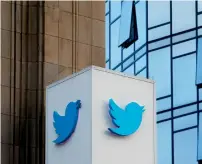  ?? AP ?? A Twitter sign is seen outside the company’s headquarte­rs in San Francisco. A new study shows that false informatio­n on the social media network travels six times faster than the truth. —