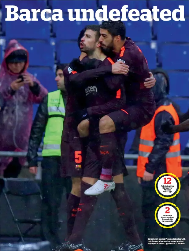  ?? Reuters ?? Barcelona’s Gerard Pique celebrates with Luis Suarez after scoring a goal against Espanyol in the La Liga match. —