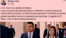  ??  ?? Il post su Facebook del sindaco Sala, interista, a sostegno del Milan