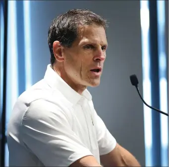  ?? NANCY LANE — BOSTON HERALD ?? Bruins GM Don Sweeney takes questions during a press conference on Aug. 10, 2022 in Allston. Sweeney was certainly busy prior to the trade deadline, bringing in three top players.