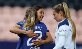 ??  ?? Sam Kerr celebrates with Erin Cuthbert after scoring her second goal to put Chelsea 2-0 up. Photograph: Catherine Ivill/Getty Images