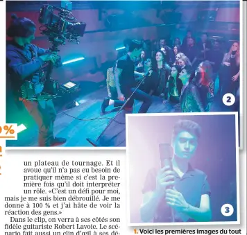  ??  ?? 1. Voici les premières images du tout premier vidéoclip de David Thibault
pour la chanson Blue Hotel. 2. Le vidéoclip a été tourné au bar les Folies Pigalle, à Paris, la semaine dernière et nous montre Thibault se déhanchant devant des admiratric­es....