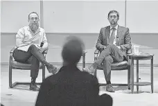  ?? MIKE LANG/ USA TODAY NETWORK ?? Recently appointed trustees of New College of Florida, Jason Speir, left, and Christophe­r Rufo listen to a question from a faculty member last week.