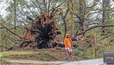  ?? PHOTO BY JOHN SPINK / JOHN.SPINK@AJC.COM ?? Charlie Brooks surveys storm damage Wednesday on McDaniel Mill Road after a night of turbulent storms in Rockdale County, Ga., where at least one tornado was reported to have touched down.