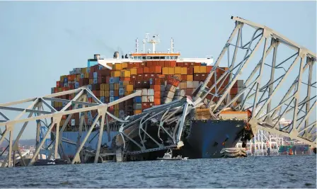  ?? Reuters-Yonhap ?? A view of the Dali cargo vessel which crashed into the Francis Scott Key Bridge causing it to collapse in Baltimore, Maryland, Tuesday.