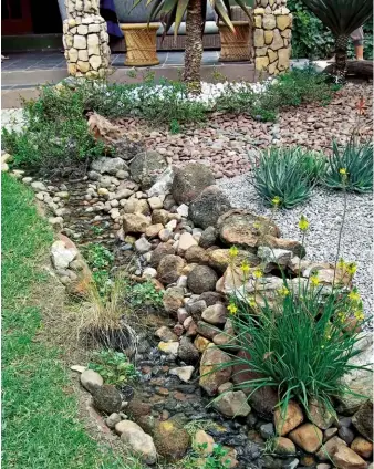  ??  ?? Run-off from a gutter can be directed into a curving dry stream bed containing irregular-sized rocks to help slow the flow. If you want to direct the water to a pond, line the bed of the stream with strong plastic sheeting topped with pebbles.