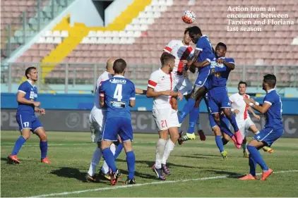  ??  ?? Action from an encounter between Tarxien and Floriana last season