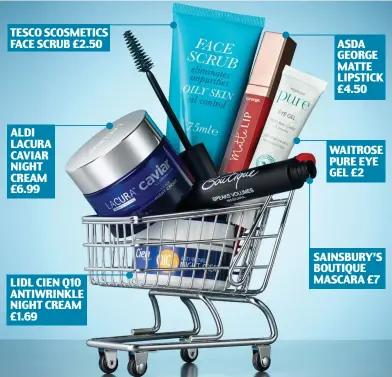  ??  ?? TESCO SCOSMETICS FACE SCRUB £2.50 ALDI LACURA CAVIAR NIGHT CREAM £6.99 LIDL CIEN Q10 ANTIWRINKL­E NIGHT CREAM £1.69 ASDA GEORGE MATTE LIPSTICK £4.50 WAITROSE PURE EYE GEL £2 SAINSBURY’S BOUTIQUE MASCARA £7