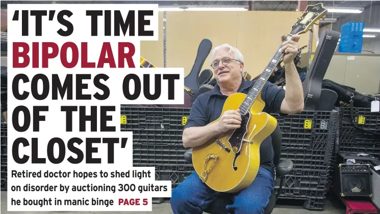  ?? GERRY KAHRMANN/PNG ?? Dr. Barry Rich plays a Guild custom guitar beside bins containing hundreds of his guitars that will be auctioned on May 7 in Surrey.