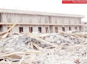  ?? ?? Different views of the collapsed building at Ochenja Market, Onitsha, Anambra State on Monday