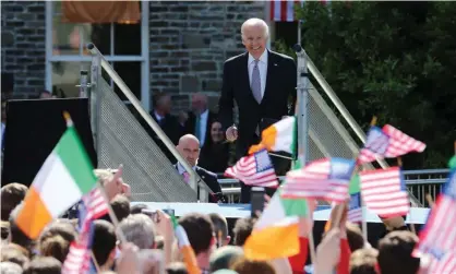  ?? Photograph: Niall Carson/PA ?? Joe Biden prepares to deliver a keynote speech in the grounds of Dublin Castle as part of his six-day visit to Ireland in 2016.