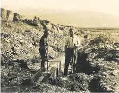  ??  ?? Left: Lloyd Hook’s great-grandfathe­r, right of picture, at work in the goldfields. Right: Pancake Rocks on the West Coast. Below: an angel sculpture made of driftwood on Hokitika’s black-sand beach