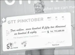  ??  ?? Founder-President of the Guyana Cancer Foundation (GCF), Bibi Hassan displays the $4.7 million-dollar cheque donated by GTT at the closing ceremony of its PINKtober initiative.