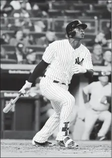 ?? AP/FRANK FRANKLIN II ?? New York Yankees’ Didi Gregorius follows through on a two-run home run Monday in New York.