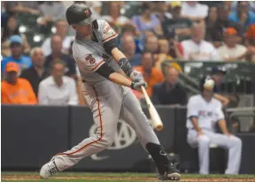  ?? AP PHOTO BY MORRY GASH ?? San Francisco Giants’ Buster Posey hits a grand slam during the 10th inning of a baseball game against the Milwaukee Brewers on Friday in Milwaukee.