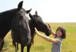  ??  ?? Hazel MacKenzie, left, reaches out to wild mustangs. Denise and Dwayne Oldham created the sanctuary.