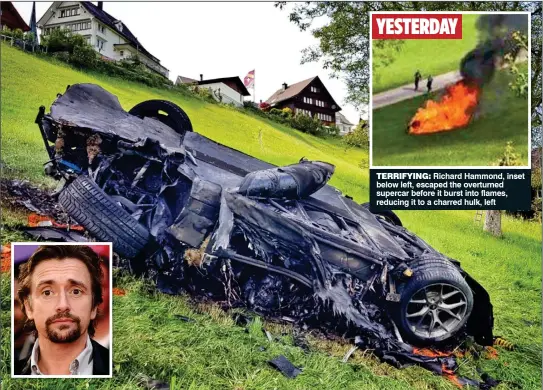  ??  ?? YESTERDAY
TERRIFYING: Richard Hammond, inset below left, escaped the overturned supercar before it burst into flames, reducing it to a charred hulk, left