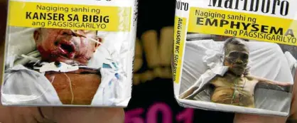  ?? RICHARD A. REYES ?? GRAPHIC IMAGES Under the law, these “scary” cigarette packs are up for revision and tobacco companies must be compliant by today, according to antismokin­g advocates.