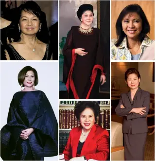  ??  ?? EMPOWERED FEMALES (Clockwise from top, far left) Gloria Macapagal-Arroyo, Imelda Romualdez-Marcos, Leni Gerona-Robredo, Teresita “Tessie” Sy-Coson, Miriam Defensor-Santiago, and Loida Nicolas-Lewis