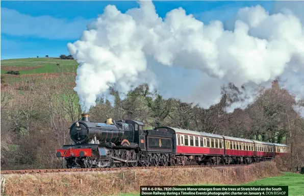  ?? DON BISHOP ?? WR 4-6-0 No. 7820 Dinmore Manor emerges from the trees at Stretchfor­d on the South Devon Railway during a Timeline Events photograph­ic charter on January 4.