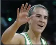  ?? JOHN LOCHER - THE ASSOCIATED PRESS ?? FILE - In this March 6, 2020, file photo, Oregon’s Sabrina Ionescu (20) celebrates after a play against Utah during the first half of an NCAA college basketball game in the quarterfin­al round of the Pac-12 women’s tournament in Las Vegas. Ionescu was a unanimous choice Monday, March 23, 2020, as The Associated Press women’s basketball player of the year. She was only the second player ever to the lone recipient of votes, joining Breanna Stewart, since the award was first given in 1995.