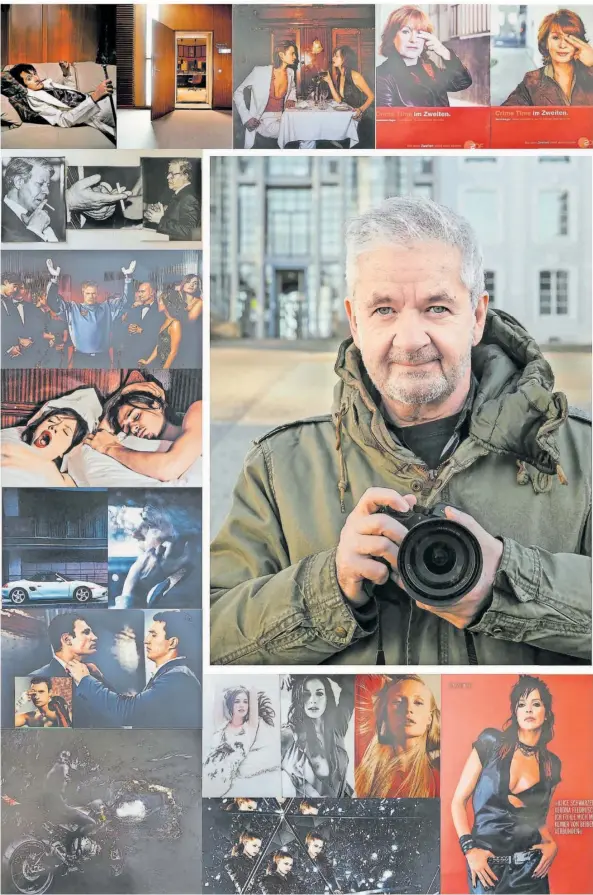  ?? FOTO-COLLAGE: THOMAS REINHARDT ?? Hans Christian Barth mit Fotokamera vor dem Saarbrücke­r Schloss. Der Fotograf hat in seiner Karriere viele berühmte Zeitgenoss­en abgelichte­t, arbeitet für Firmen wie Porsche, BMW oder Mercedes, für Microsoft, das ZDF, Karstadt, Hugo Boss und für viele bekannte Magazine. Dies hier ist nur eine kleine Auswahl seiner Werke. Oben links Bela B., oben rechts Hannelore Hoger und Senta Berger fürs ZDF, dann Helmut Schmidt, Oliver Kahn, zwei Models, Sky Dumont für Porsche, die Brüder Klitschko und rechts unten Nena.