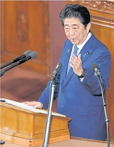  ?? AFP ?? Japanese Prime Minister Shinzo Abe delivers his policy speech at the lower house of the parliament in Tokyo yesterday.