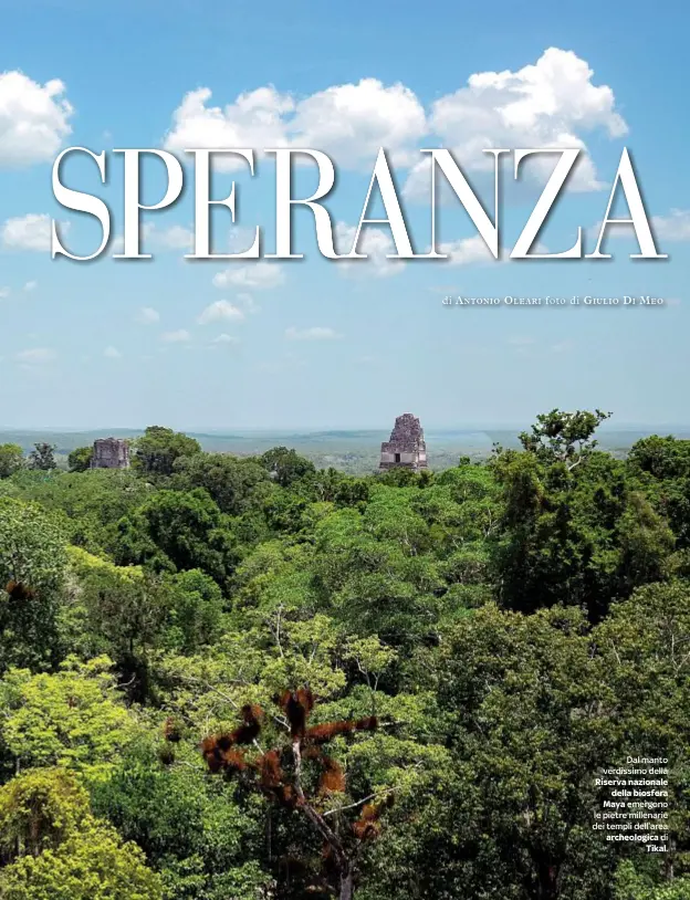  ??  ?? Dal manto verdissimo della Riserva nazionale
della biosfera Maya emergono le pietre millenarie dei templi dell’area archeologi­ca di
Tikal.
DOVE