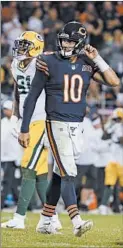  ?? JOSE M. OSORIO/CHICAGO TRIBUNE ?? Bears quarterbac­k Mitch Trubisky walks to the sideline after throwing an intercepti­on on Sept. 5, 2019.