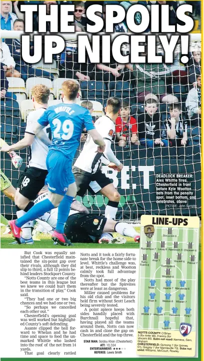  ?? PICTURE: John Sumpter ?? DEADLOCK BREAKER: Alex Whittle fires Chesterfie­ld in front before Kyle Wootton nets from the penalty spot, inset bottom, and celebrates, above
NOTTS COUNTY: O’Brien
5 (for Arter 66), Francis (for
Vincent 85). Subs not used:
Graham
CHESTERFIE­LD: Gunning 7 (for Grimes 51), Quigley 7 (for Mandeville 70).
Subs not used: Williams, McCourt, Rowley