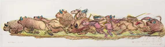  ?? COURTESY OF THE ALBUQUERQU­E MUSEUM ?? “Denver Airport Proposal, Buffalo Hunt,” 1990, colored pencil on paper, by Luís Jiménez.