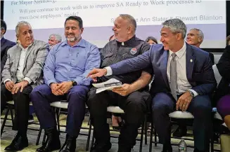  ?? Photos by Ronald Cortes/Contributo­r ?? SAWS CEO Robert Puente, from left, City Manager Erik Walsh, the Rev. Jimmy Drennan and Mayor Ron Nirenberg attend COPS/Metro’s second “accountabi­lity session” on Nov. 8.