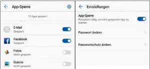  ??  ?? Der Zugriff auf bestimmte Apps lässt sich gezielt sperren. Die gesperrten Apps lassen sich danach nur noch durch Eingabe einer PIN öffnen.