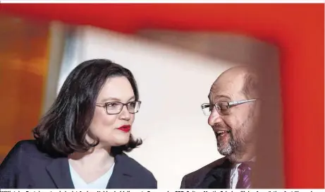  ??  ?? Willigt der Parteivors­tand ein, ist Andrea Nahles bald die erste Frau an der SPD-Spitze. Martin Schulz will das Auswärtige Amt übernehmen