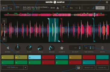  ??  ?? VOICE MODE Switch to Poly to play chords CUE PLAY MODE Choose latched or gated triggering PADS Each of the 16 pads triggers its own cue AUTOSET Sample can create cues for you in four different ways WAVEFORM OVERVIEW Quickly navigate the source track...