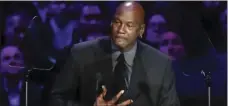  ?? SANCHEZ
AP PHOTO/MARCIO JOSE ?? In this Feb. 24 file photo, former NBA player Michael Jordan reacts while speaking during a celebratio­n of life for Kobe Bryant and his daughter Gianna in Los Angeles. Jordan has released a statement on George Floyd and the killings of black people at the hands of police.